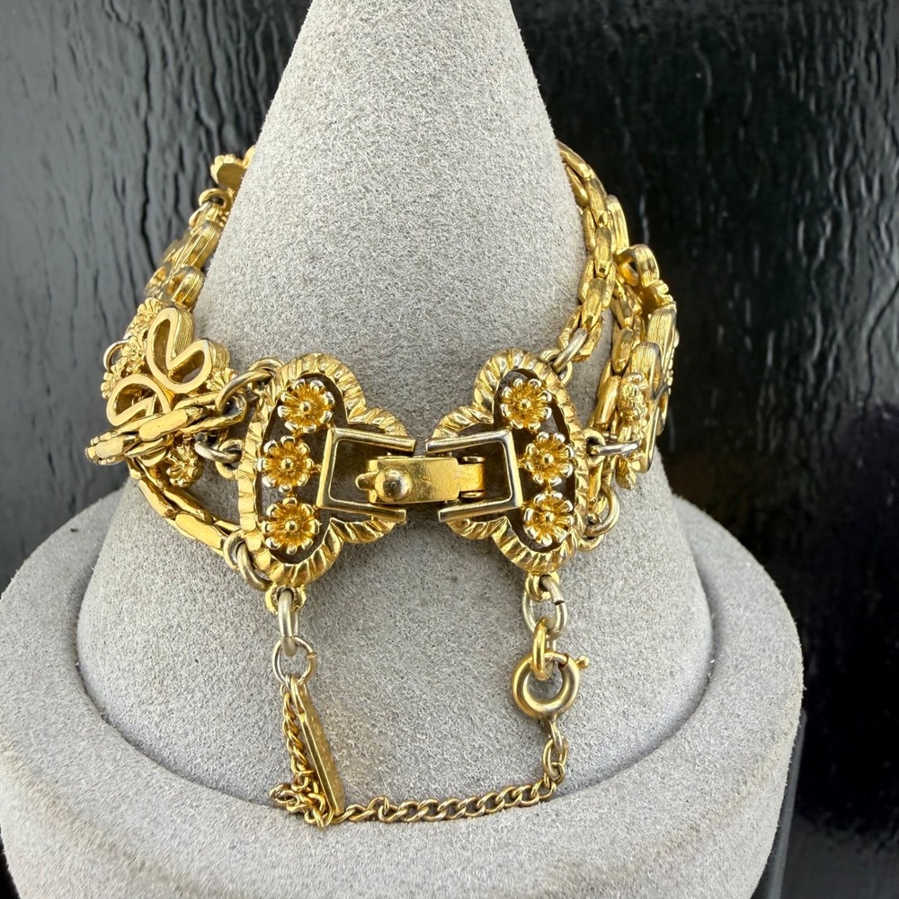 Vintage Monet Bracelet Gold Tone Flower Butterfly Multi Chain 6.5”
